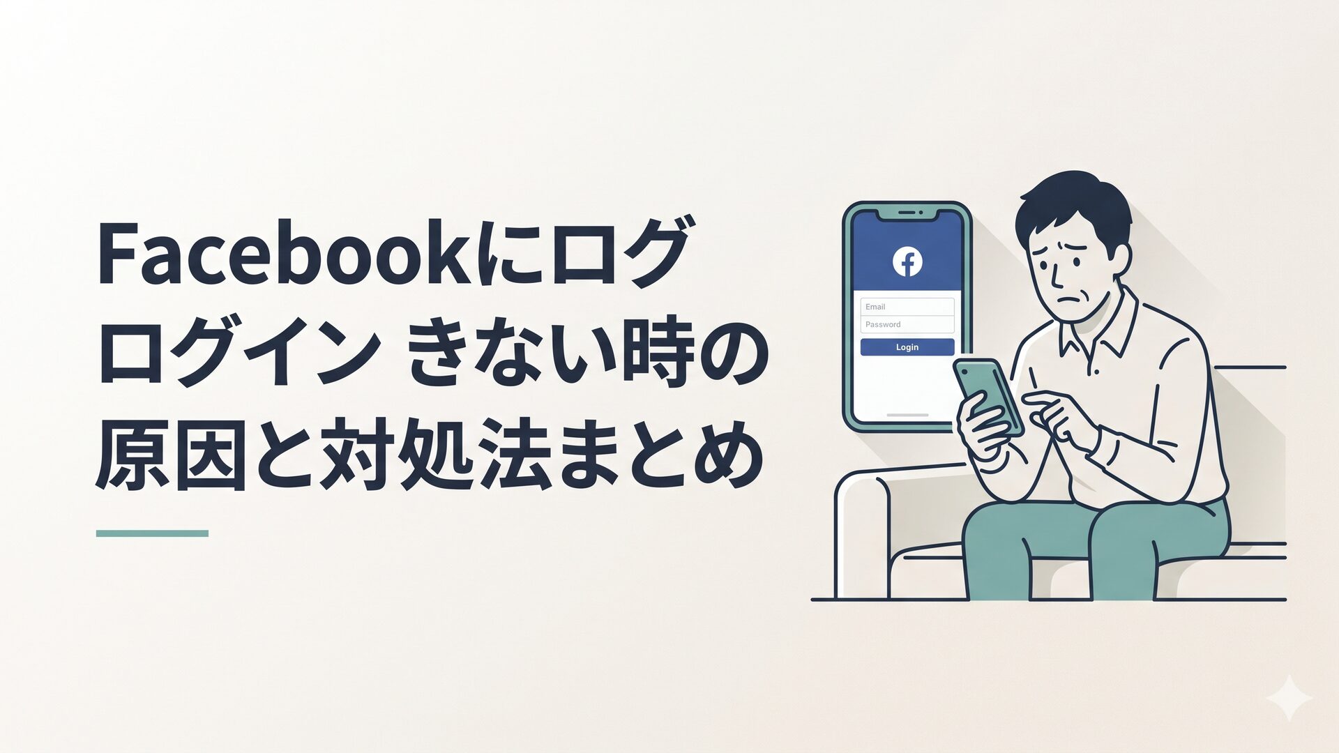 スマートフォンの画面にFacebookのログイン画面が表示されていて、困り顔の40代男性がソファでスマホを見つめているシーン