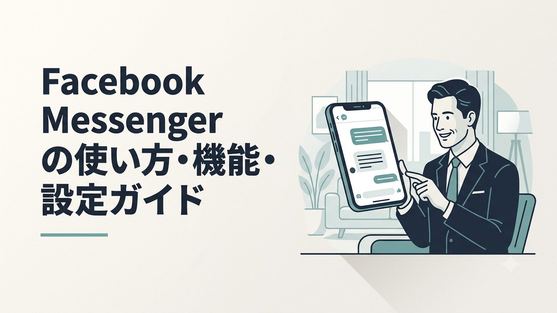 スマートフォンでFacebook Messengerアプリを操作している40代男性、明るいリビングでチャット画面を確認している