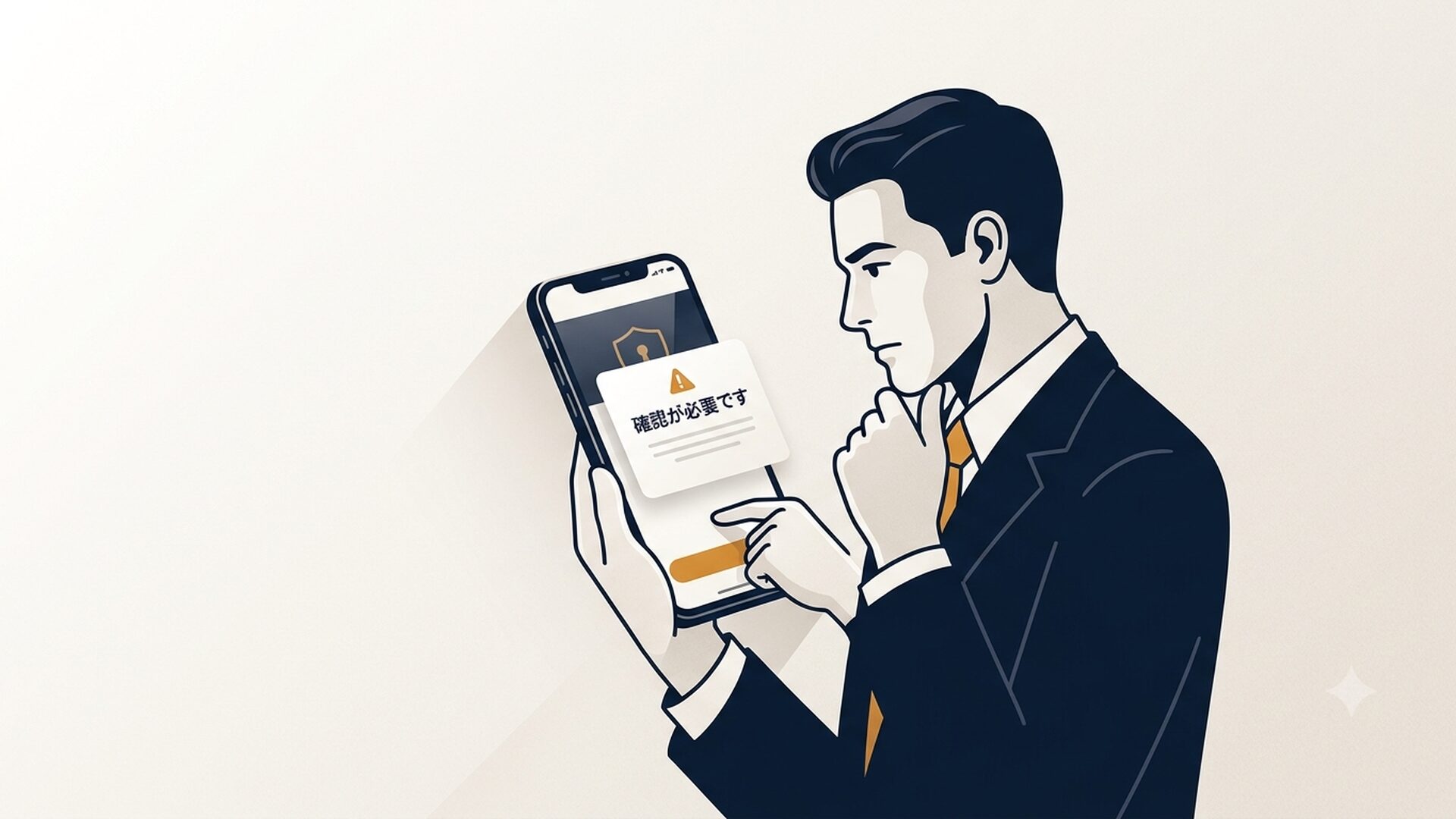 スマートフォンの通知画面に不審なメッセージが届いているイメージ。画面には「確認が必要です」という警告テキストが見えている