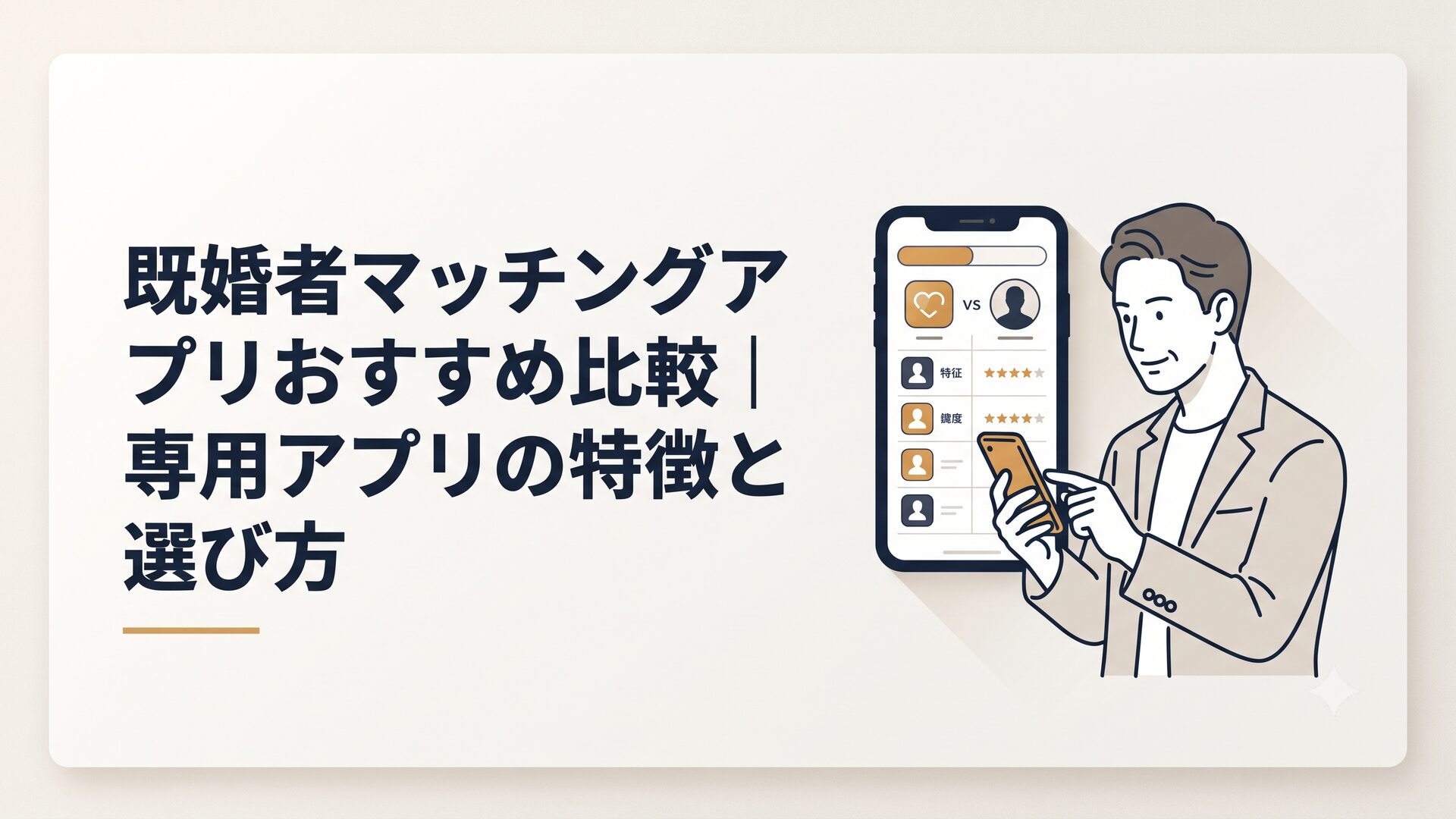 スマートフォンでマッチングアプリの比較画面を見る40代男性