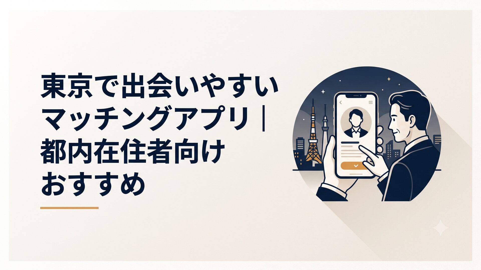 東京の夜景を背景にスマートフォンでマッチングアプリのプロフィール画面を見ている40代男性のイラスト