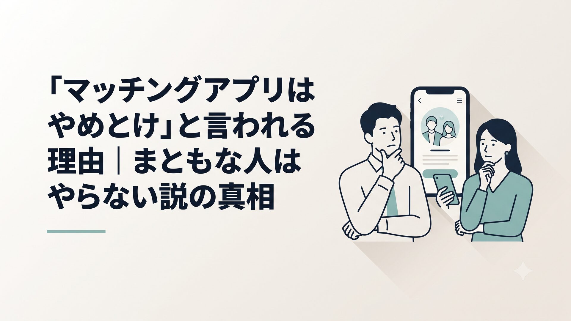 スマホでマッチングアプリを見つめながら考え込む男女のイラスト