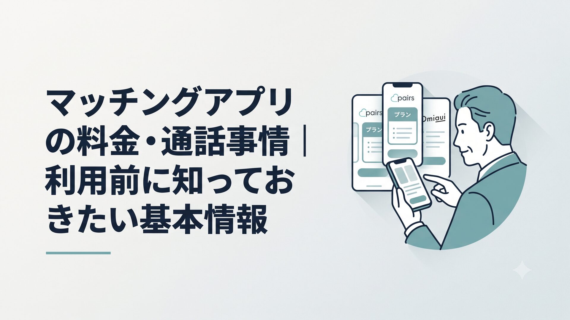 スマホでPairsやOmiaiなど複数のマッチングアプリの料金プラン画面を見比べている40代男性のイラスト