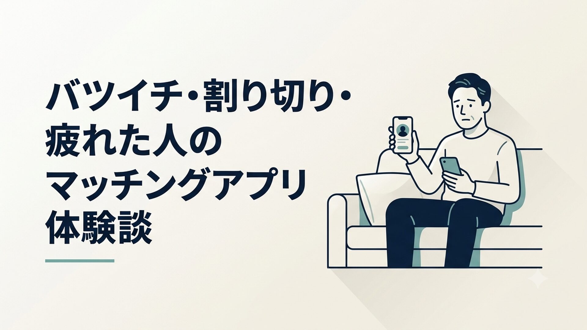43歳の男性がスマートフォンでマッチングアプリを開き、少し疲れた表情でソファに座っている様子