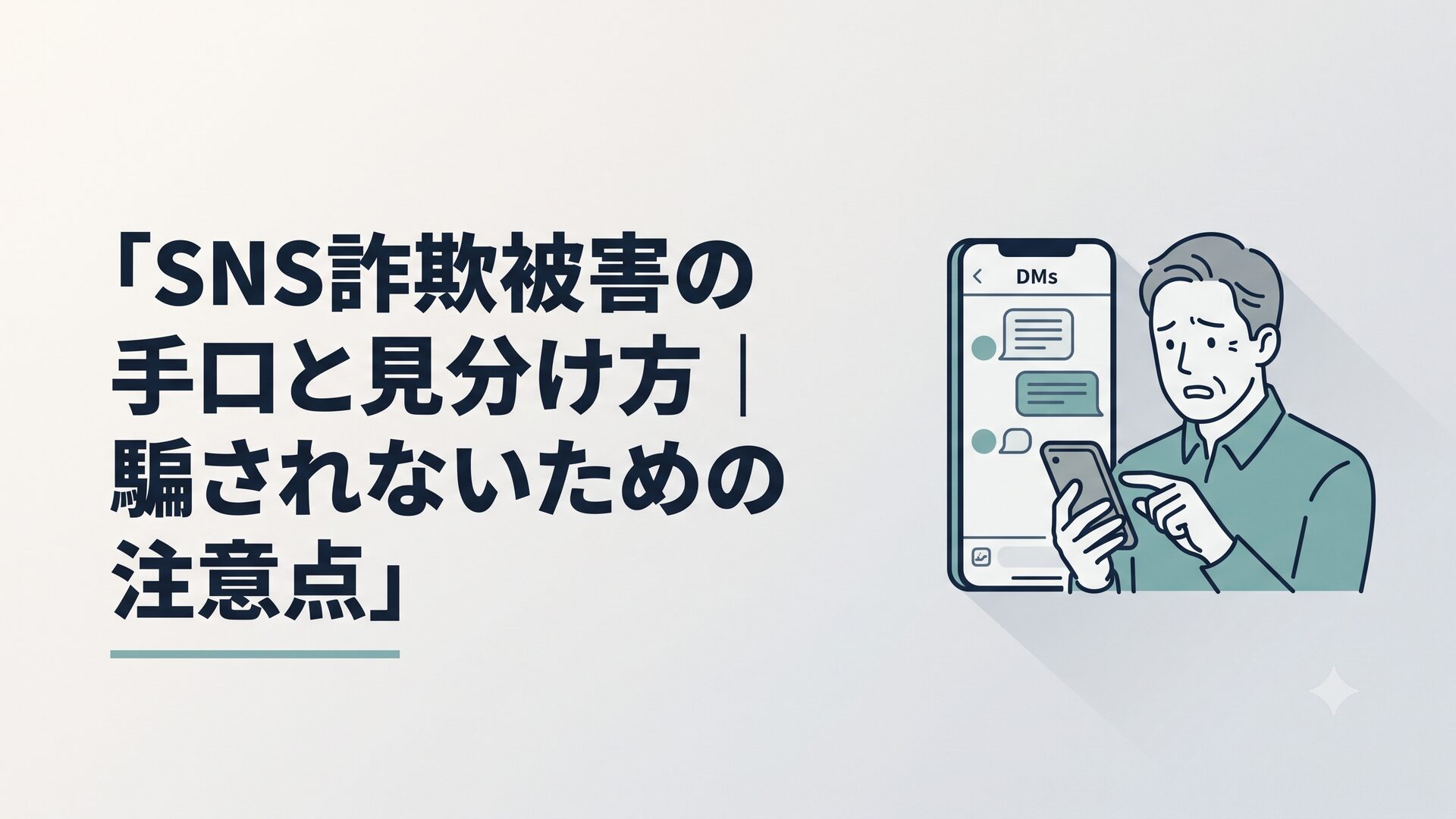 スマホでSNSのダイレクトメッセージを不安そうに見つめる中高年男性