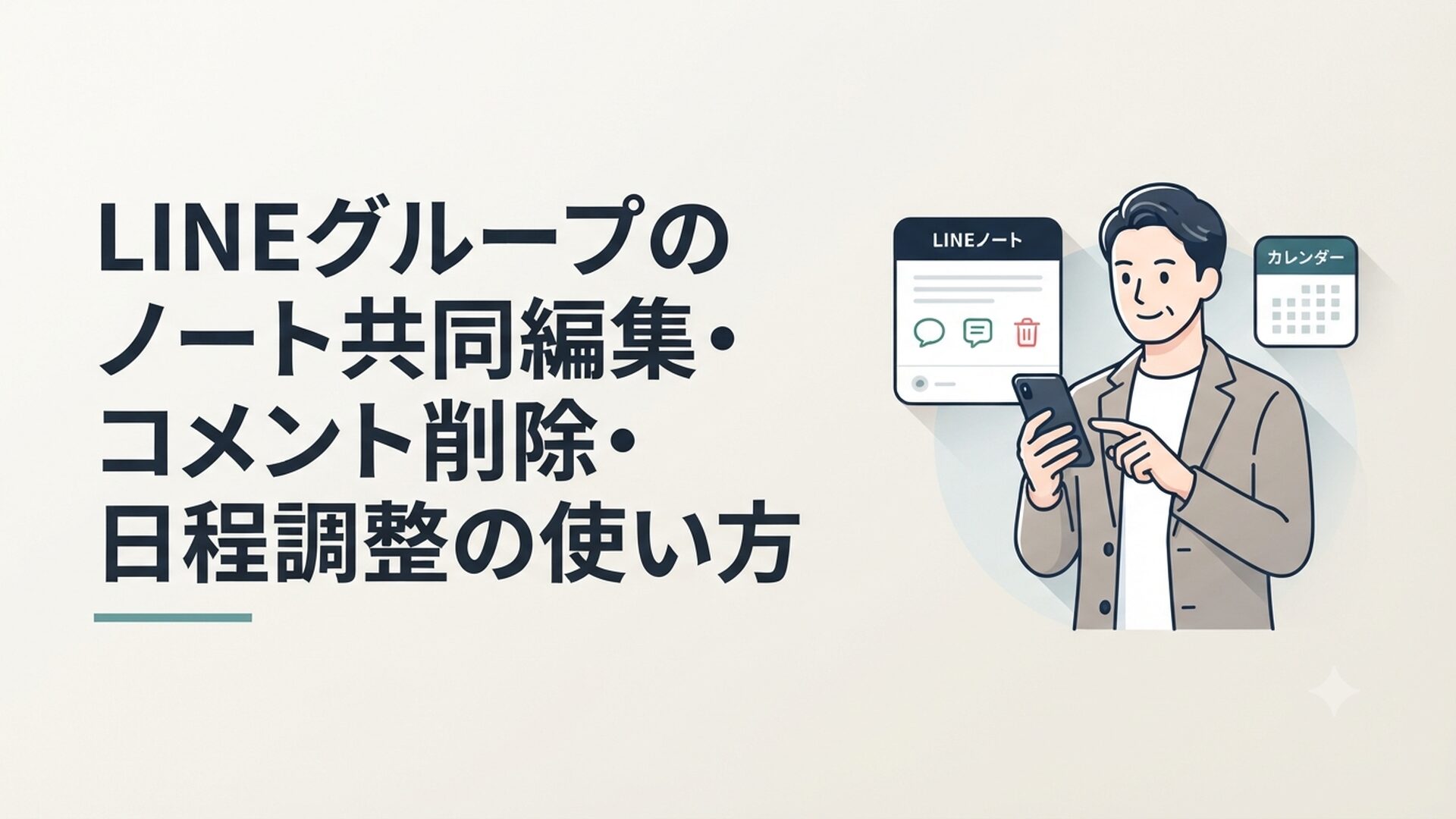 スマホでLINEのノートとカレンダーアイコンを操作する40代男性のイラスト