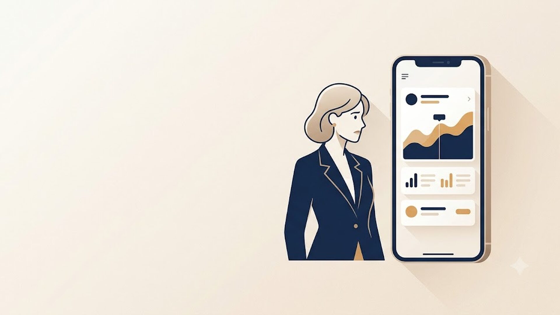 スマートフォンの投資アプリの画面と、それを不安げに見る女性のイラスト