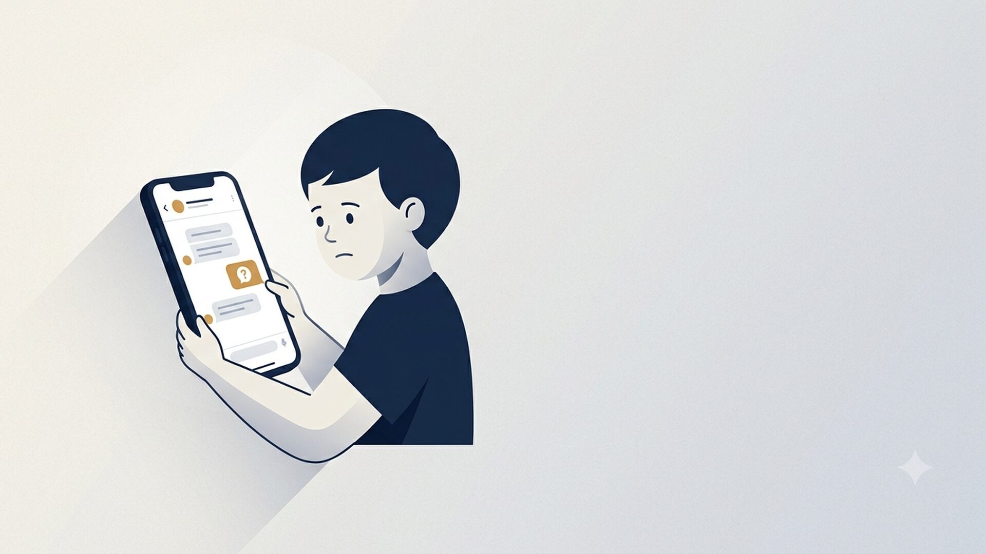スマホ画面に表示されたSNSのメッセージ画面を不安げに見つめる子どものイラスト