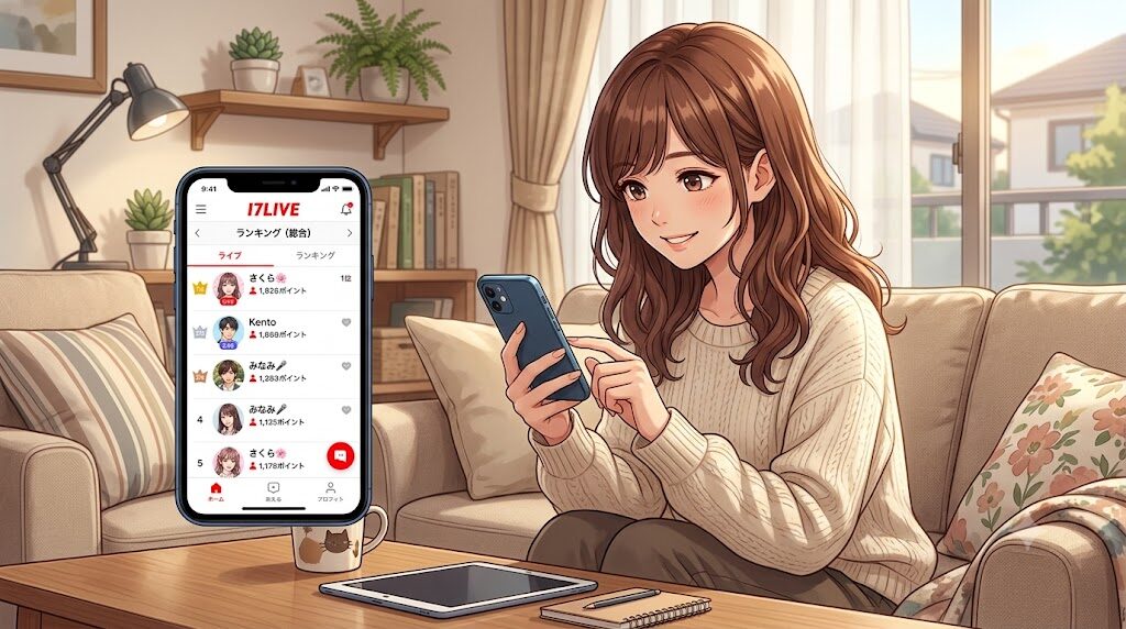スマートフォンで17LIVEアプリのランキング画面を確認している様子のイラスト