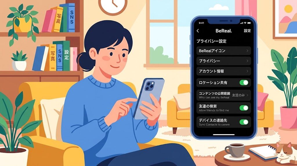 スマートフォンでBeRealのプライバシー設定を確認している様子のイラスト
