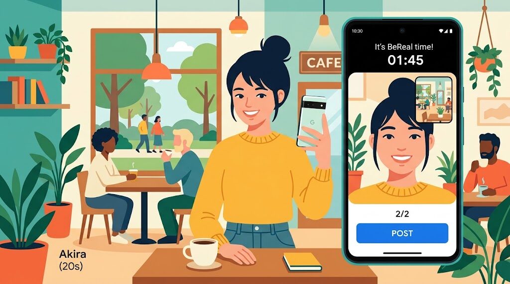 スマートフォンでBeRealを使って写真を投稿している様子のイラスト