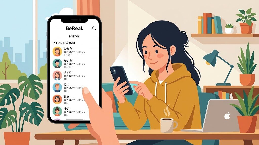 スマートフォンでBeRealの友達リストを確認している様子のイラスト