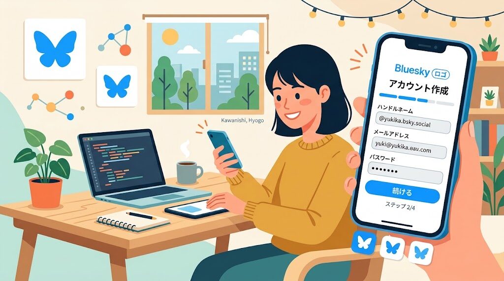 スマートフォンでBlueskyのアカウントを作成している様子のイラスト