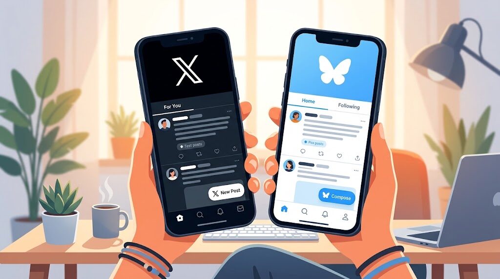 スマートフォンでXとBlueskyのアプリを見比べている様子のイラスト