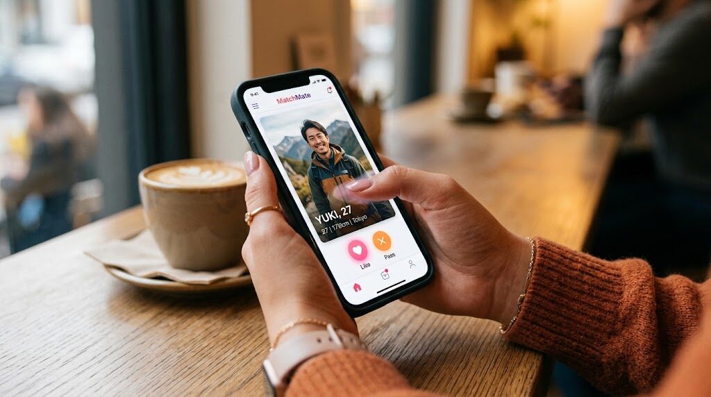 スマートフォンでマッチングアプリを操作している手元の写真風イラスト