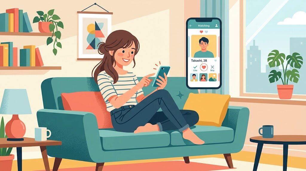 スマホでマッチングアプリを操作している様子のイラスト