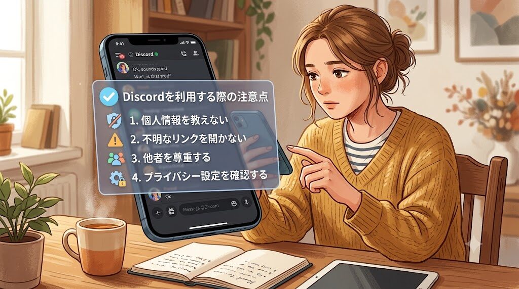 スマートフォンでDiscordアプリを使いながら注意点を確認している様子のイラスト