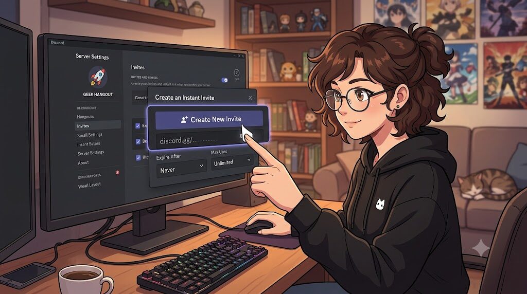 Discordのサーバー設定画面で招待リンクを作成している様子のイラスト
