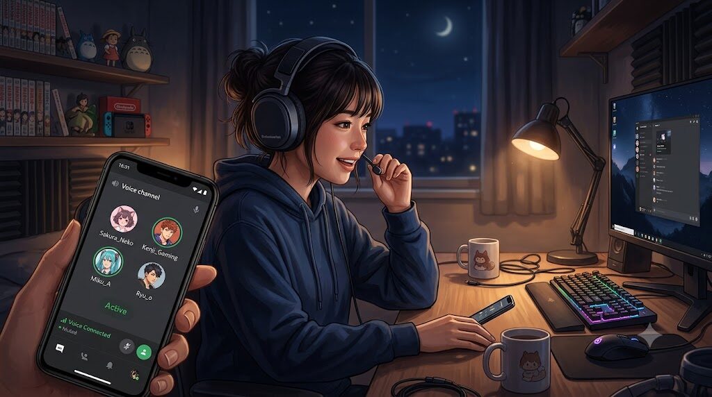 スマートフォンでDiscordのボイスチャンネルに参加している様子の写真風イラスト