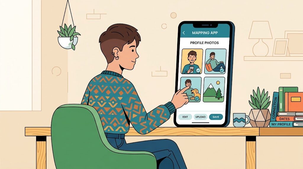 スマホでマッチングアプリを操作している様子のイラスト