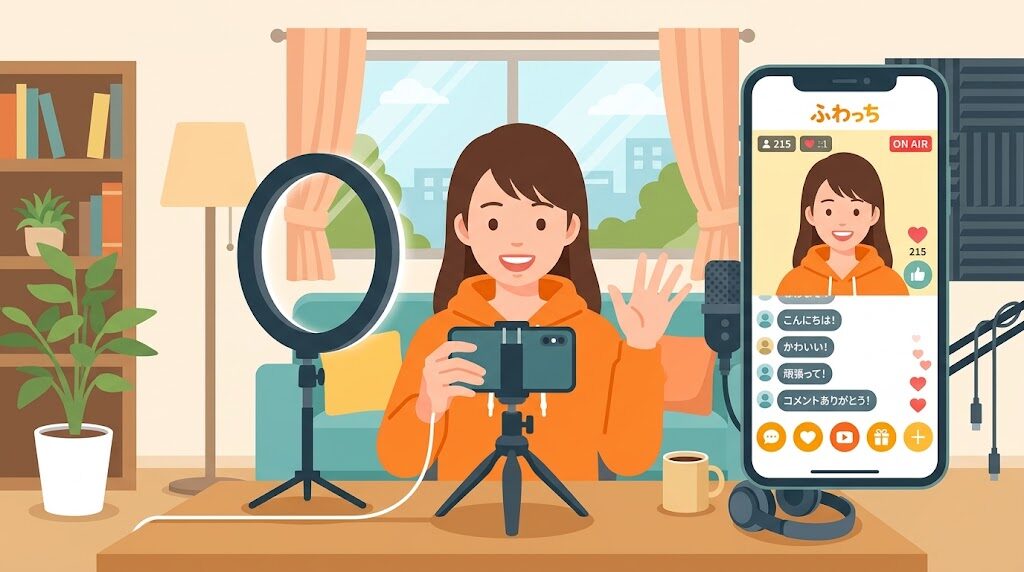 スマホでふわっちアプリを使ってライブ配信をしている様子の写真風イラスト