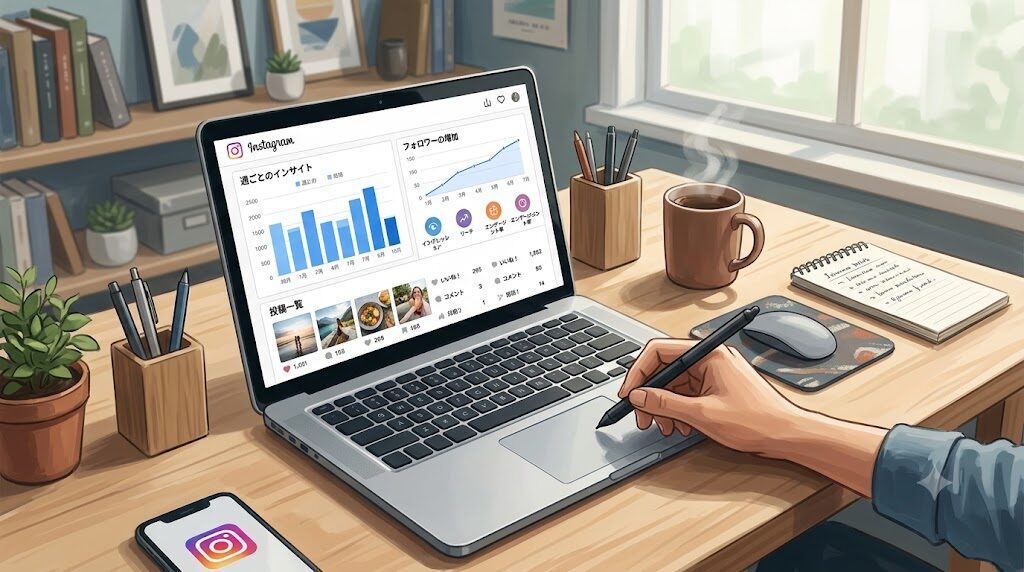 パソコンとスマートフォンでInstagramの分析データを確認している様子の写真風イラスト