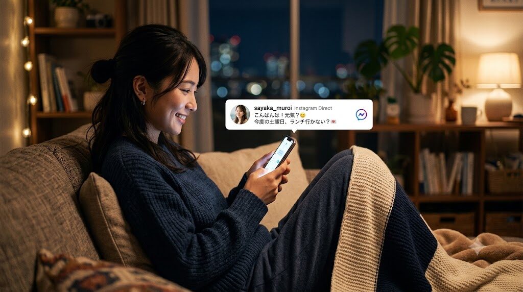 スマートフォンでInstagramのDM画面を確認している様子の写真風イラスト