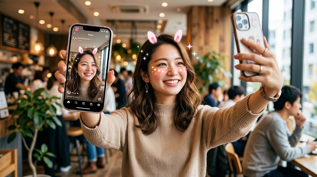 スマートフォンでInstagramのフィルター機能を使って写真を加工している様子の写真風イラスト