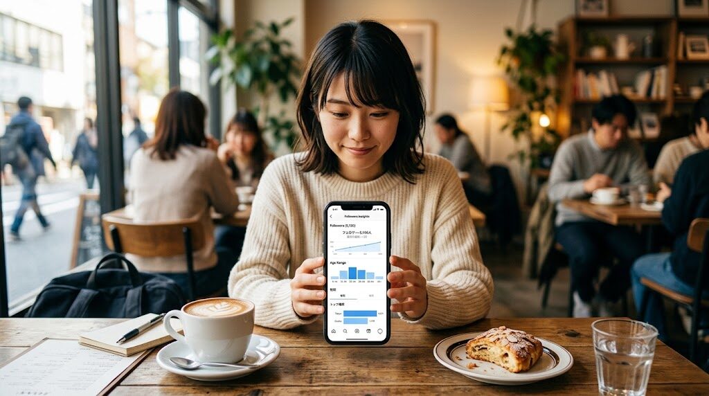 スマートフォンでInstagramのフォロワー一覧を確認している様子の写真風イラスト