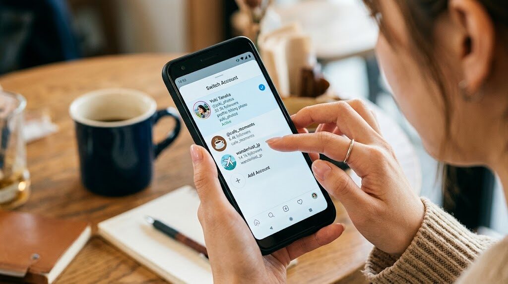 スマートフォンでInstagramの複数アカウントを切り替えている様子の写真風イラスト