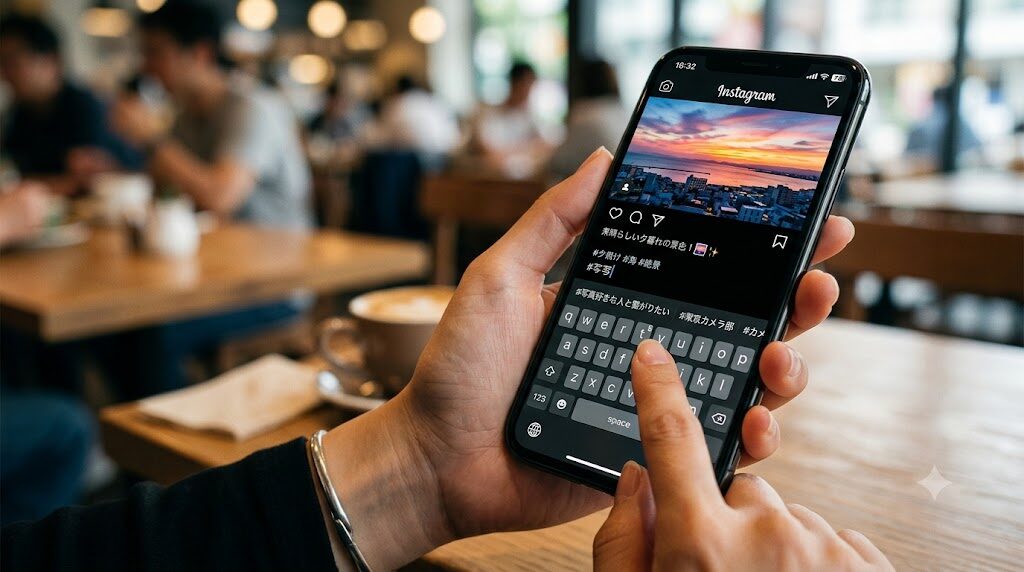 スマートフォンでInstagramの投稿にハッシュタグを追加している様子の写真風イラスト