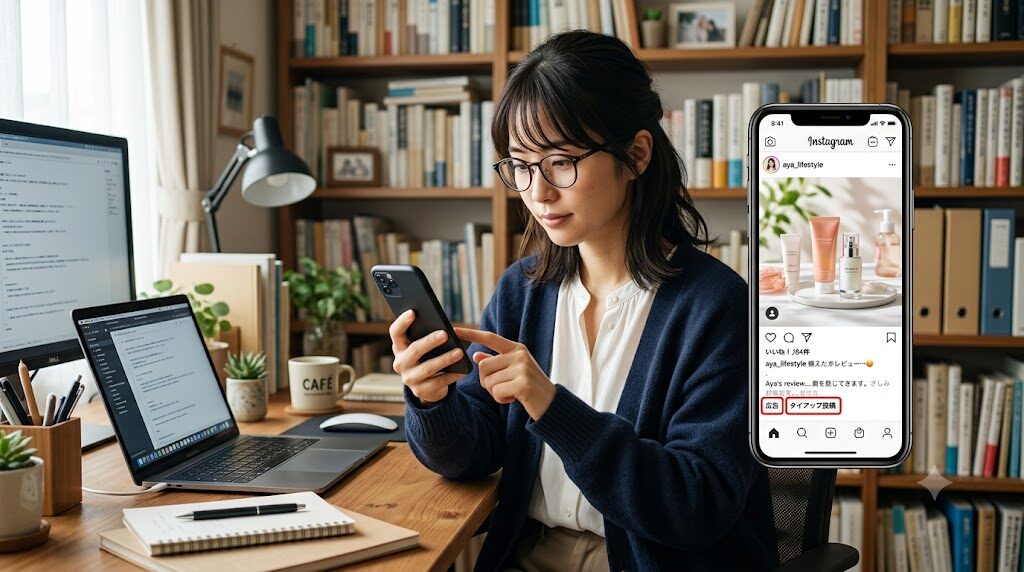 スマートフォンでInstagramのPR投稿を確認している様子の写真風イラスト