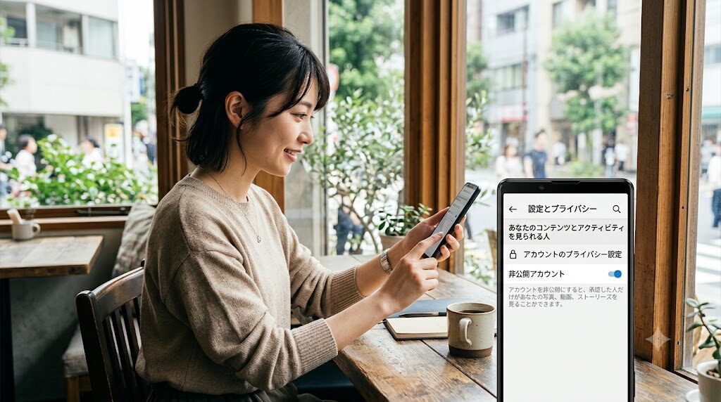 スマートフォンでInstagramのプライバシー設定画面を確認している様子の写真風イラスト