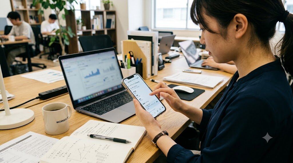 スマートフォンでInstagram広告の出稿設定画面を確認している様子の写真風イラスト
