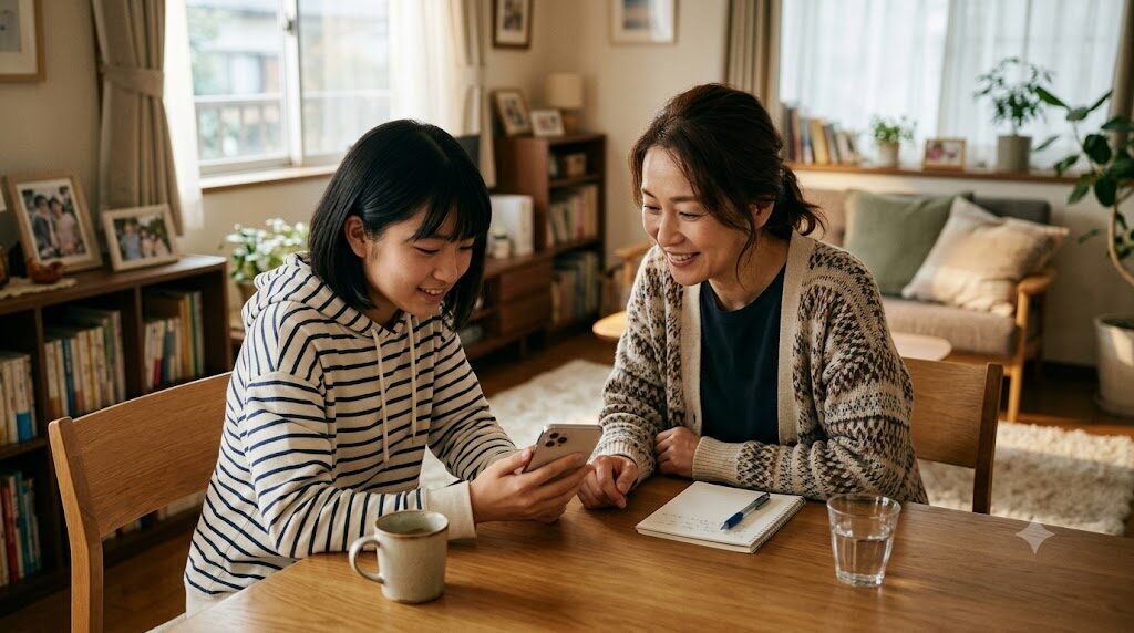 スマートフォンでInstagramのプライバシー設定を親子で確認している様子の写真風イラスト