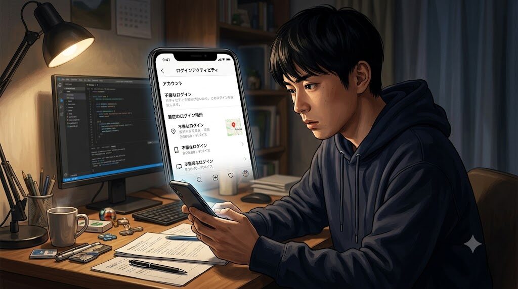 スマートフォンでInstagramのアカウント復元手続きを確認している様子の写真風イラスト