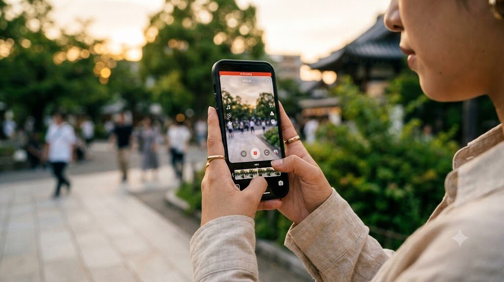 スマートフォンでInstagramのリール動画を撮影している様子の写真風イラスト