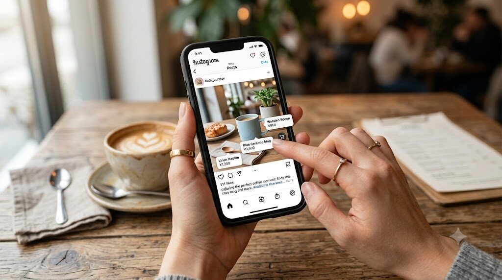 スマートフォンでInstagramのショッピング機能を使って商品を確認している様子の写真風イラスト