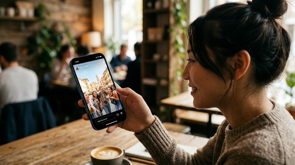 スマートフォンでInstagramのストーリーズを投稿している様子の写真風イラスト