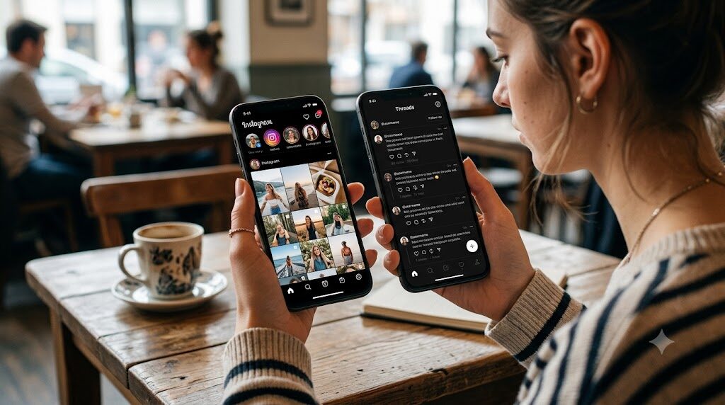 スマートフォンでThreadsとInstagramのアプリを切り替えている様子の写真風イラスト