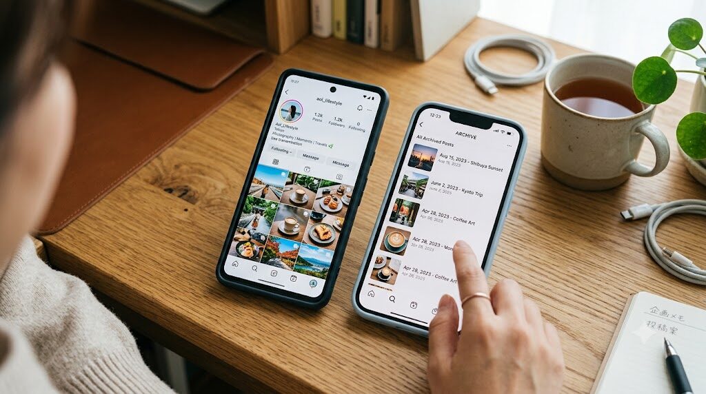 スマートフォンでInstagramの投稿一覧を整理している様子の写真風イラスト