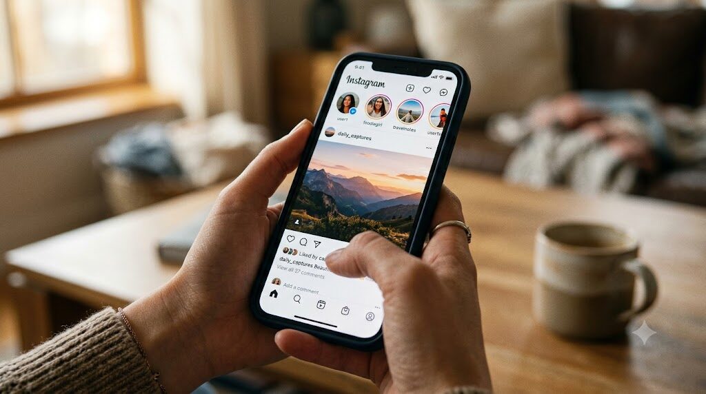 スマートフォンでInstagramアプリを開いている様子の写真風イラスト