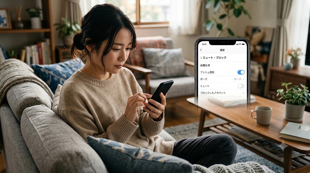 スマートフォンでInstagramの通知設定を確認している様子の写真風イラスト