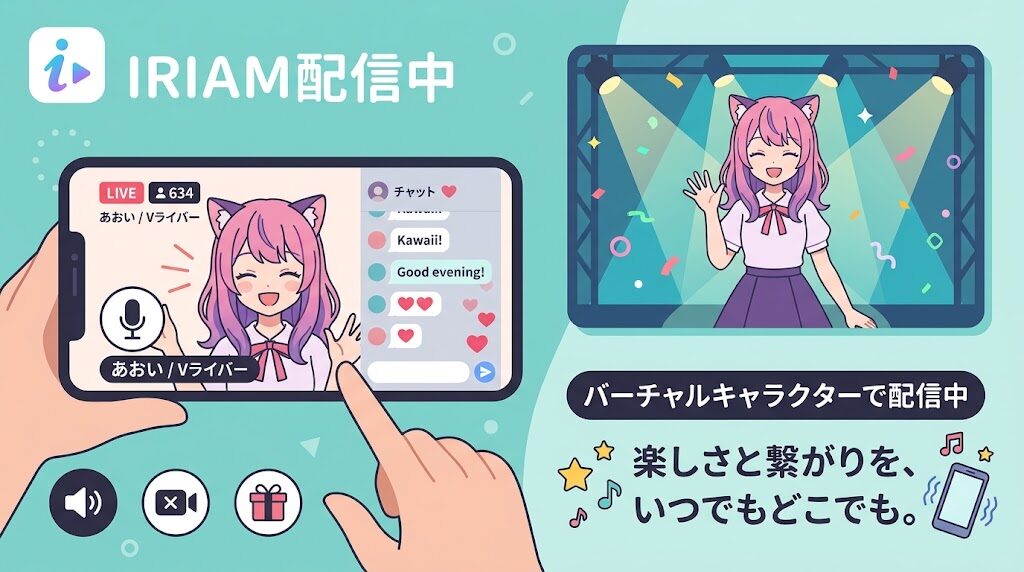 スマホでIRIAMアプリを使ってバーチャルキャラクターで配信している様子の写真風イラスト