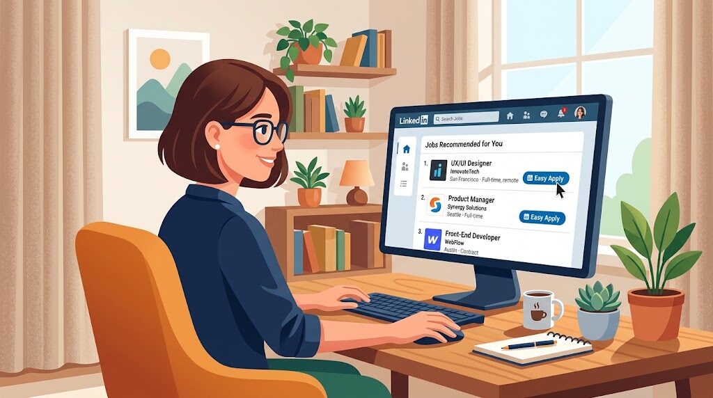 パソコンでLinkedInの求人情報を確認している様子のイラスト