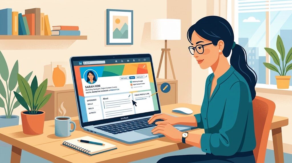 パソコンでLinkedInのプロフィールを編集している様子のイラスト