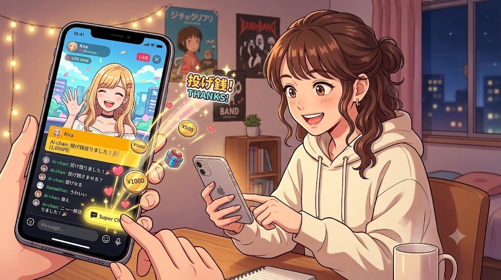 スマートフォンでライブ配信に投げ銭を送っている様子のイラスト