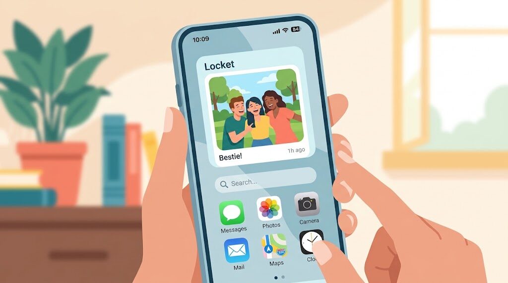 スマホのホーム画面にLocket Widgetを設置して写真を確認している様子の写真風イラスト