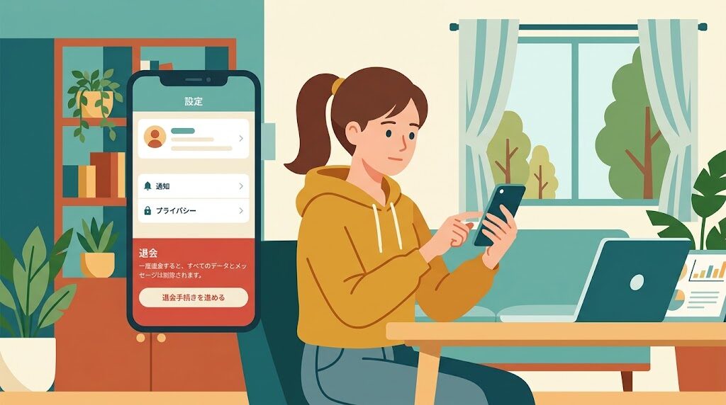 スマホでマッチングアプリの設定画面を操作している様子のイラスト