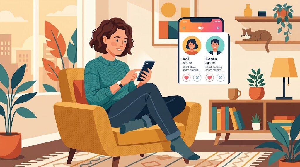 スマホでマッチングアプリを操作している様子のイラスト